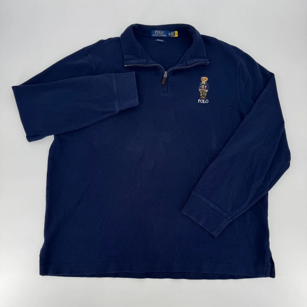 Polo Ralph Lauren Mens XL Navy Estate Rib Quarter Zip Polo Bear Pullover Sweater